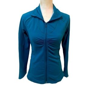 Zella zip up teal ruched athletic jacket with zip up pockets & ruffle back small